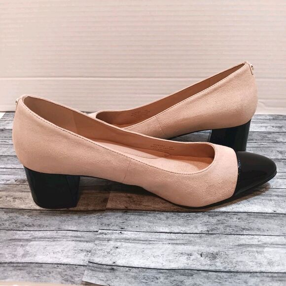 Cole Haan W26302 Suede Cap Toe Block Heel Pumps Tan/Nude Black Patent 8B - Picture 3 of 11